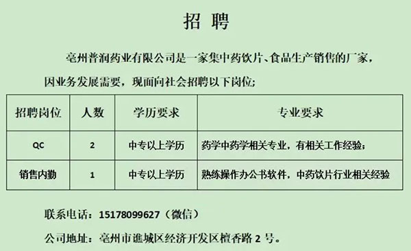 【亳州招聘】中專可報，亳州普潤藥業招聘若干！